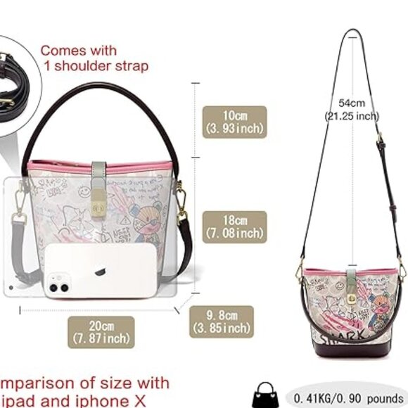 FOXLOVER Faux Leather/Fabric Bucket Small Crossbody Bag with Graffiti - NEW - Picture 2 of 3